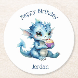 Schattigee Blue Baby Dragon Eet een Cupcake Ronde Kartonnen Onderzetter