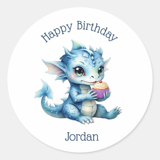 Schattigee Blue Baby Dragon Eet een Cupcake Ronde Sticker (Voorkant)