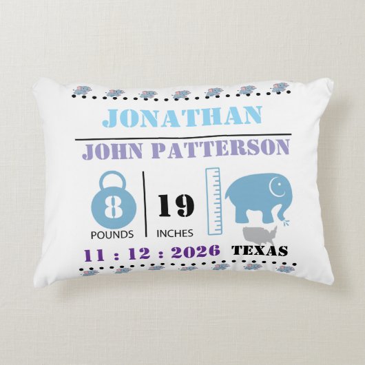 Schattigee Blue Baby Elephant Geboorteaankondiging Accent Kussen (Voorkant)