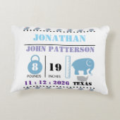 Schattigee Blue Baby Elephant Geboorteaankondiging Accent Kussen (Achterkant)