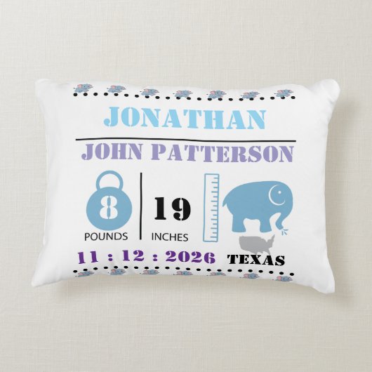 Schattigee Blue Baby Elephant Geboorteaankondiging Accent Kussen (Achterkant)