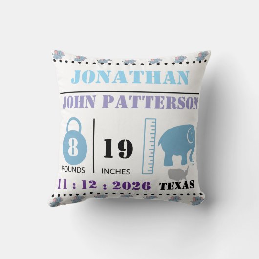 Schattigee Blue Baby Elephant Geboorteaankondiging Kussen (Achterkant)