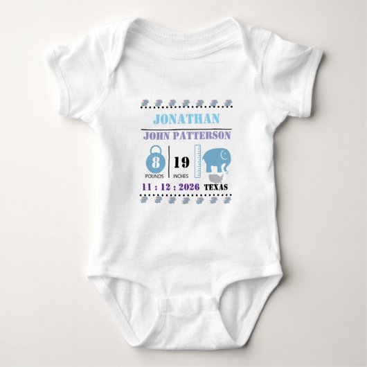 Schattigee Blue Baby Elephant Geboorteaankondiging Romper (Voorkant)