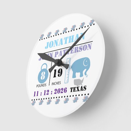 Schattigee Blue Baby Elephant Geboorteaankondiging Ronde Klok (Hoek)
