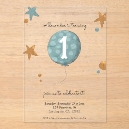 Schattigee Blue Balloon eerste verjaardag Acryl Uitnodigingen