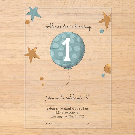 Schattigee Blue Balloon eerste verjaardag Acryl Uitnodigingen (Voorkant)