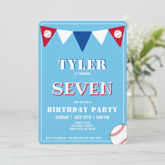 Schattigee Blue Baseball verjaardagsuitnodiging Kaart (Staand voorkant)