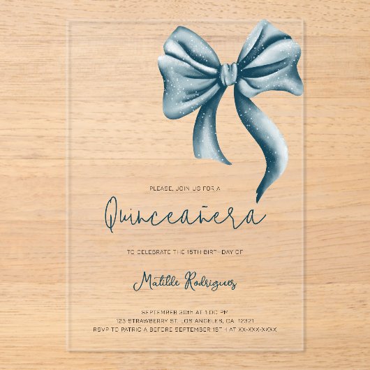 Schattigee Blue Bow Girly Quinceanera Verjaardag Acryl Uitnodigingen (Voorkant)