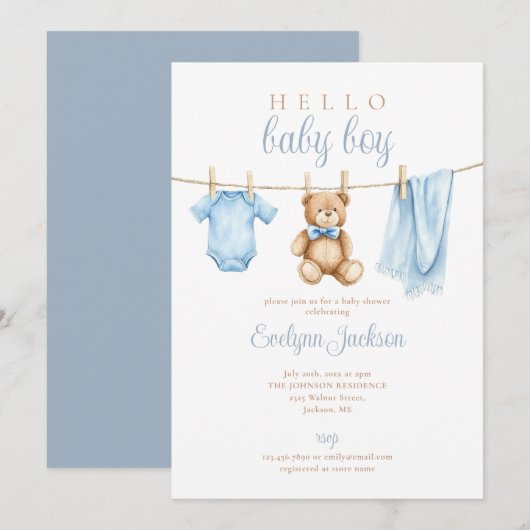 Schattigee Blue Boy Clothesline Baby shower Kaart (Voorkant / Achterkant)