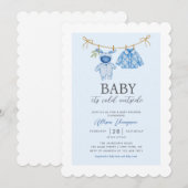 Schattigee Blue Boy Clothesline Winter Baby shower Kaart (Voorkant / Achterkant)