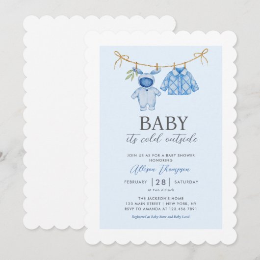 Schattigee Blue Boy Clothesline Winter Baby shower Kaart (Voorkant / Achterkant)