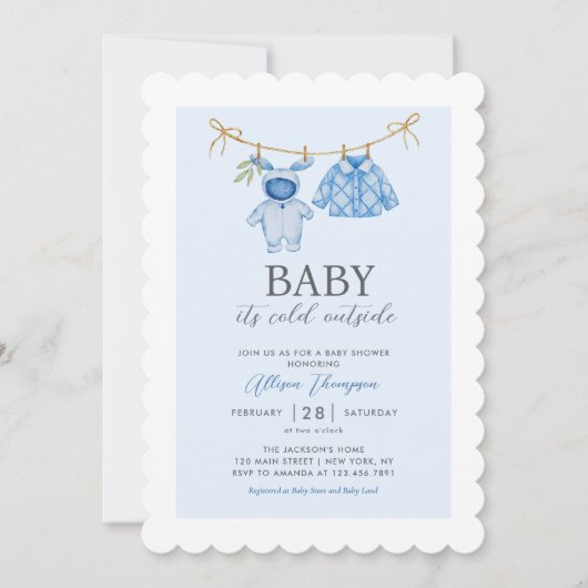 Schattigee Blue Boy Clothesline Winter Baby shower Kaart (Voorkant)