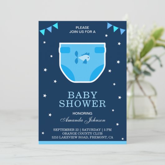 Schattigee Blue Boys Luier Baby shower Uitnodiging (Staand voorkant)