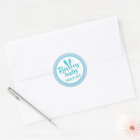 Schattigee Blue Bunny Baby Boy " Gepersonaliseerde Ronde Sticker (Envelop)