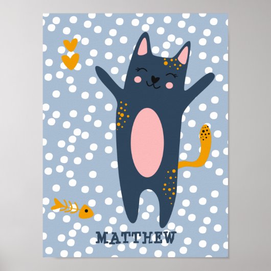 Schattigee Blue Cat - Blauwe Kinder Slaapkamer / K Poster (Voorkant)