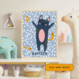Schattigee Blue Cat - Blauwe Kinder Slaapkamer / K Poster