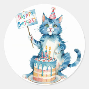 Schattigee Blue Cat verjaardagstaart - Verjaardag Ronde Sticker