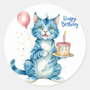 Schattigee Blue Cat verjaardagstaart - Verjaardag Ronde Sticker