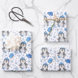 Schattigee Blue Christmas Schaatspinguïn Inpakpapier Vel