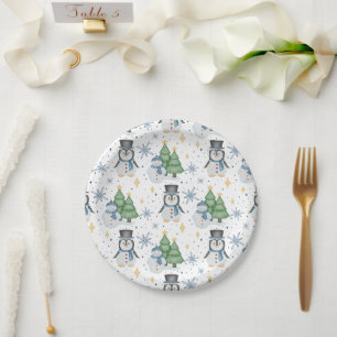 Schattigee Blue Christmas Snowman Penguin Papieren Bordje