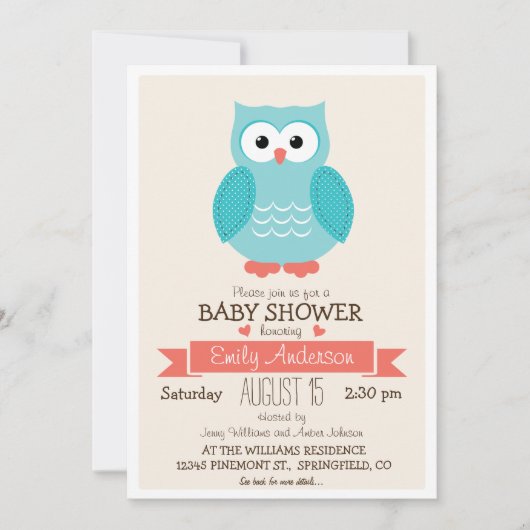 Schattigee Blue & Coral Owl Baby shower of Sprinkl Kaart (Voorkant)