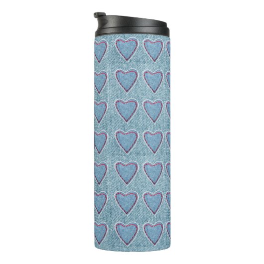 Schattigee Blue Denim Heart Patchwork Thermal Tumb Thermosbeker (Geroteerd rechts)