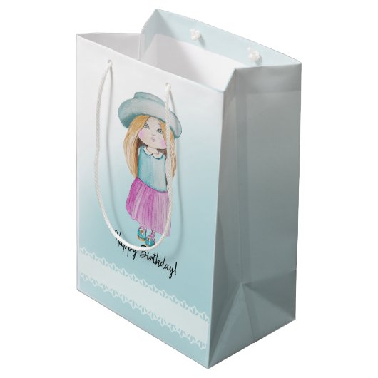 Schattigee Blue Doll Happy Birthday Waterverf Medium Cadeauzakje (Achterkant Gekanteld)