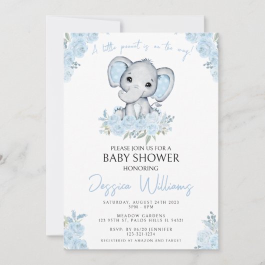Schattigee Blue Elephant Baby Boy Doucheuitnodigin Kaart (Voorkant)