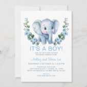 Schattigee Blue Elephant Baby shower Uitnodiging - (Voorkant)