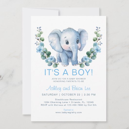 Schattigee Blue Elephant Baby shower Uitnodiging - (Voorkant)