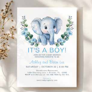 Schattigee Blue Elephant Baby shower Uitnodiging -