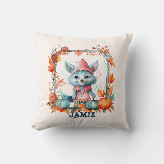 Schattigee Blue Fox Oranje pompoen Kinder Hallowee Kussen (Voorkant)