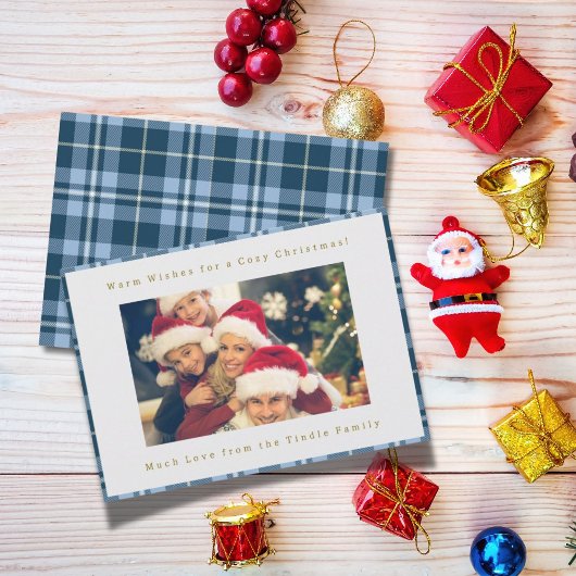 Schattigee Blue Gingham Plaid Familiefoto Kerst Feestdagenkaart