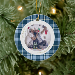 Schattigee Blue Gingham Plaid Familiefoto Kerst Keramisch Ornament