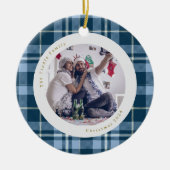 Schattigee Blue Gingham Plaid Familiefoto Kerst Keramisch Ornament (Voorkant)