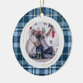 Schattigee Blue Gingham Plaid Familiefoto Kerst Keramisch Ornament (Links)