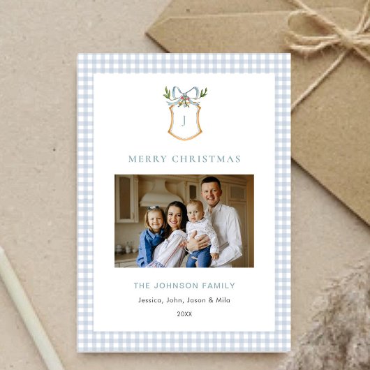Schattigee Blue Gingham Plaid Monogrammed Christma Feestdagenkaart