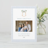 Schattigee Blue Gingham Plaid Monogrammed Christma Feestdagenkaart (Staand voorkant)