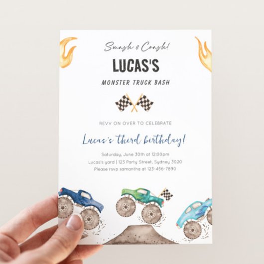 Schattigee Blue & Green Monster Trucks Verjaardags Kaart