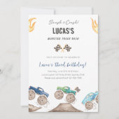 Schattigee Blue & Green Monster Trucks Verjaardags Kaart (Voorkant)