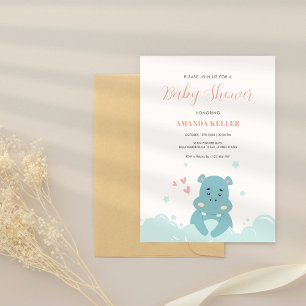 Schattigee Blue Hippo Baby shower Uitnodiging