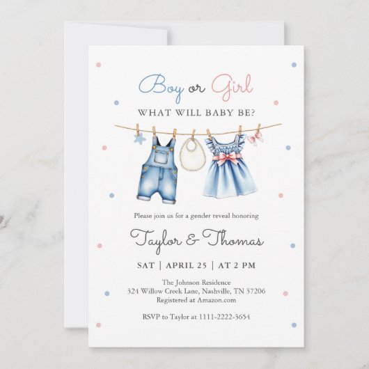 Schattigee Blue Jean Baby Gender Reveal Invitation Kaart (Voorkant)