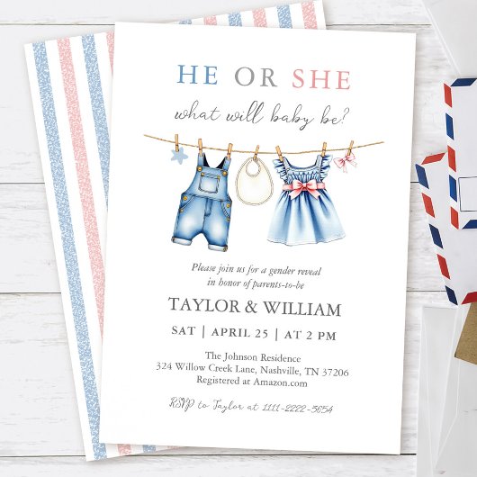 Schattigee Blue Jean Baby Gender Reveal Invitation Kaart