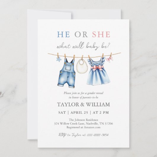 Schattigee Blue Jean Baby Gender Reveal Invitation Kaart (Voorkant)