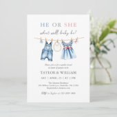 Schattigee Blue Jean Baby Gender Reveal Invitation Kaart (Staand voorkant)