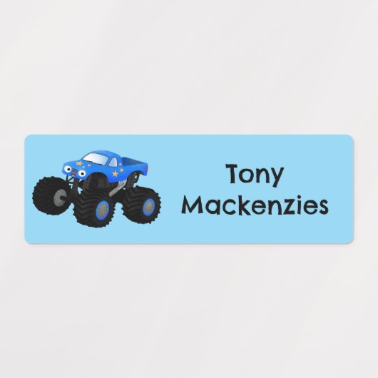 Schattigee Blue Monster Truck cartoon gepersonalis Labels (Design 2)