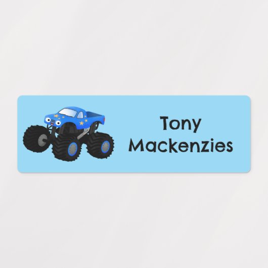 Schattigee Blue Monster Truck cartoon gepersonalis Labels (Design 1)