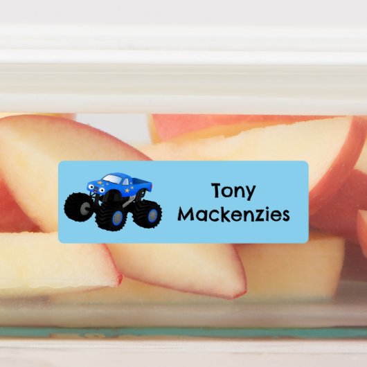 Schattigee Blue Monster Truck cartoon gepersonalis Labels (Aangebracht)