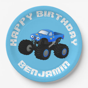 Schattigee Blue Monster Truck cartoon gepersonalis Papieren Bordje