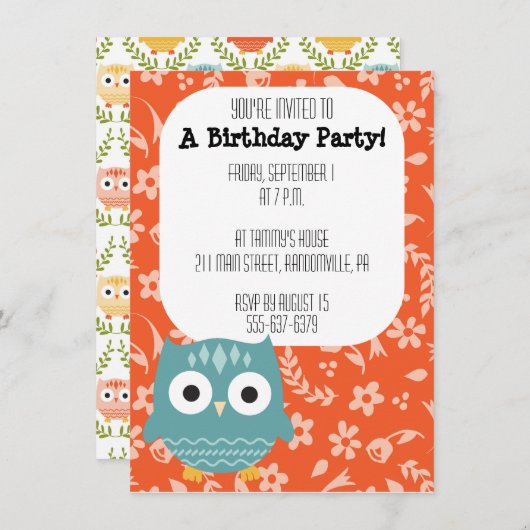Schattigee Blue Owl-feestuitnodiging Kaart (Voorkant / Achterkant)